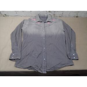 Wrangler Rock 47 Shirt Women XL Gray Pink Embroiderd Pearl Snaps Gaucho Rodeo